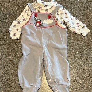 Vintage confetti knits sledding bunnies overalls